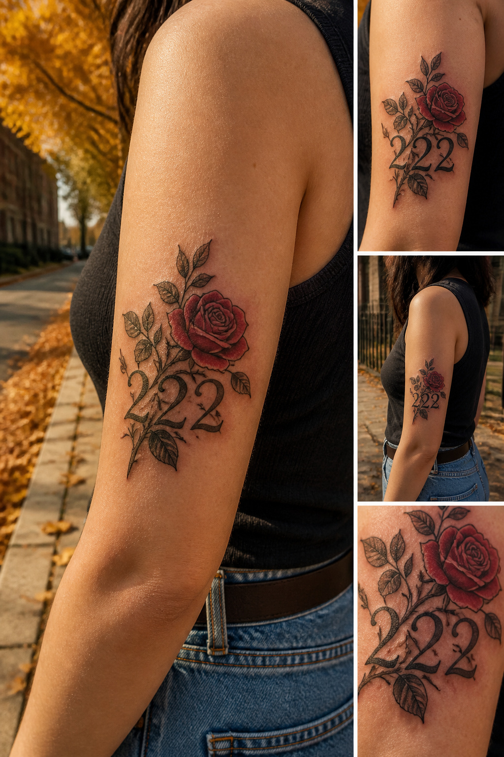 17 222 Tattoo Ideas and Meanings for 2026 6 A tattoo featuring a rose alongside the numerals '222'.