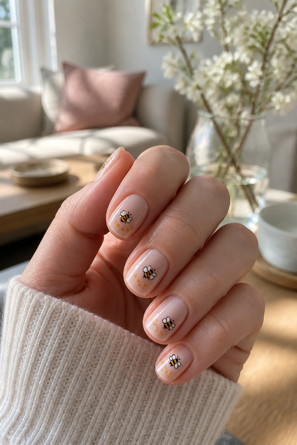 Chic short nails with minimalist bee designs and honey-colored dots.