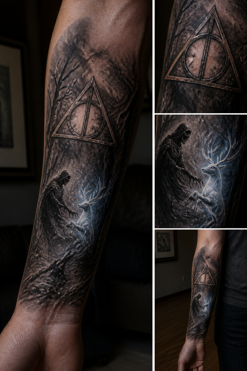 Design featuring the Deathly Hallows symbol with Dementors and a Patronus.