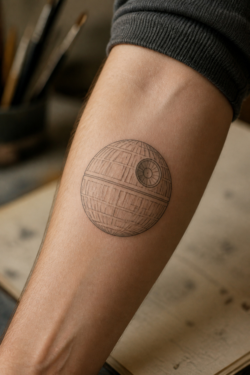Fine-line Death Star tattoo featuring a continuous unbroken contour.