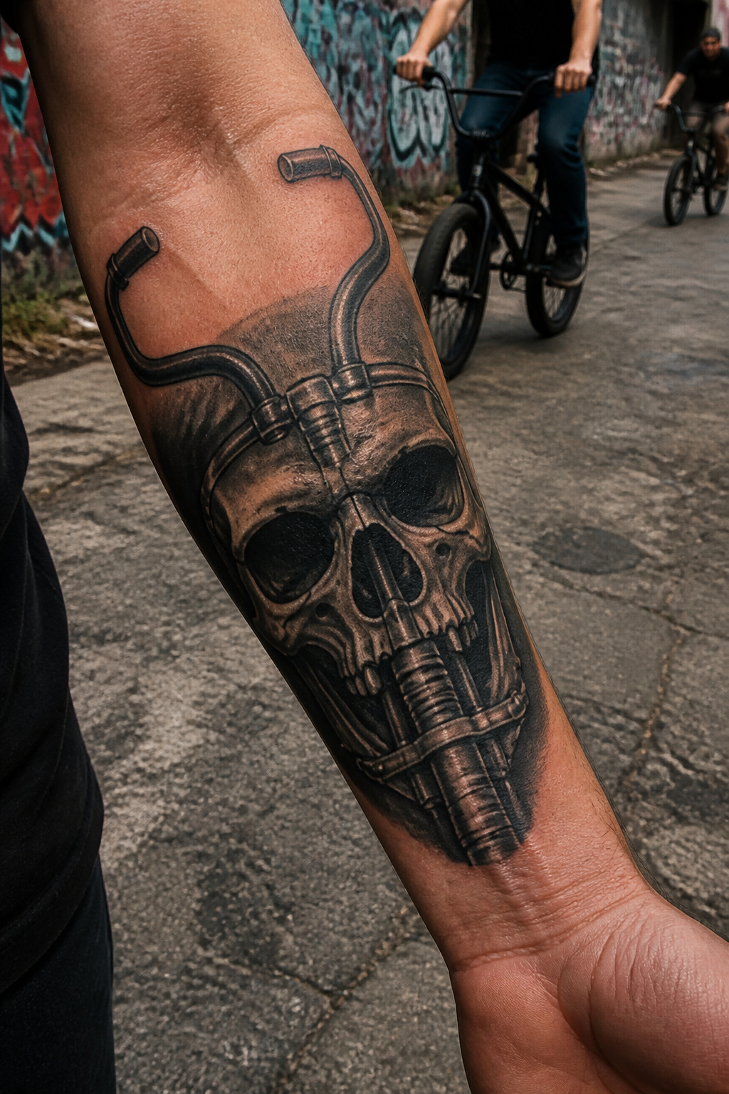 Bike Life Tattoo Ideas: 37 Designs for Cyclists in 2026 6 Tattoo of a skull integrated with handlebars.