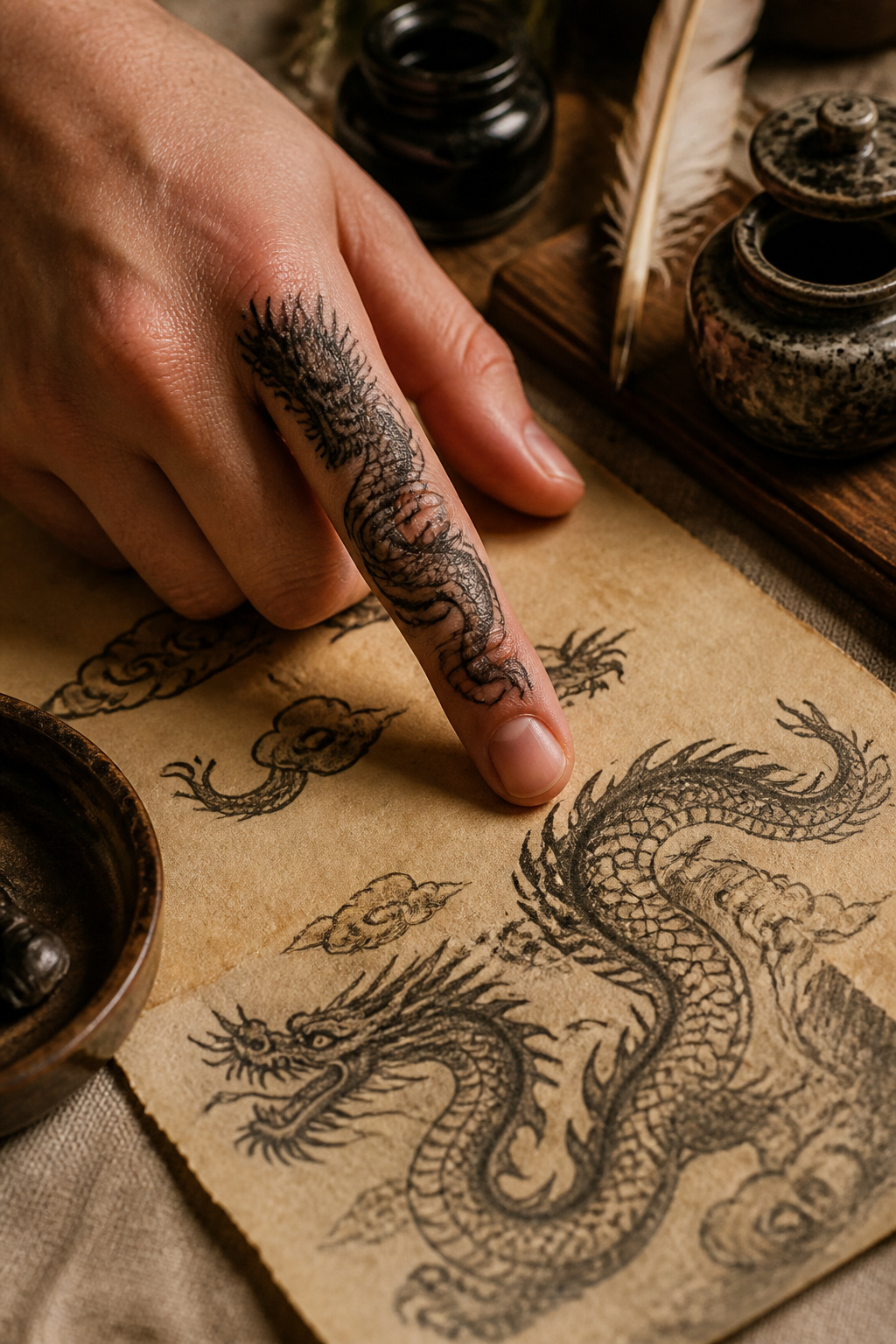 Close-up of an intricately designed dragon finger tattoo.