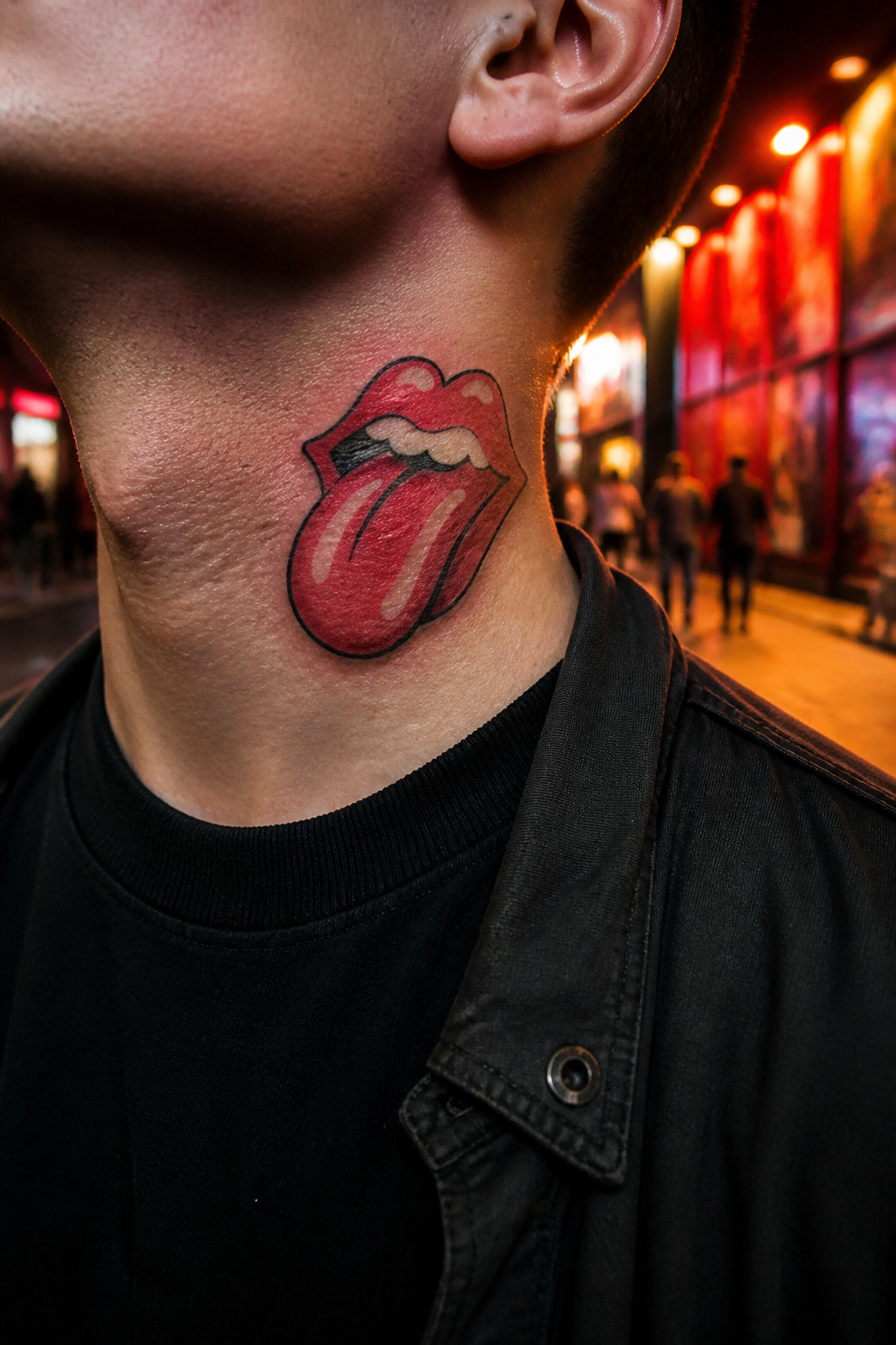 Lips Tattoo on Neck: 8 Design Ideas for 2026 6 A vibrant tattoo of red lips and tongue associated with The Rolling Stones.