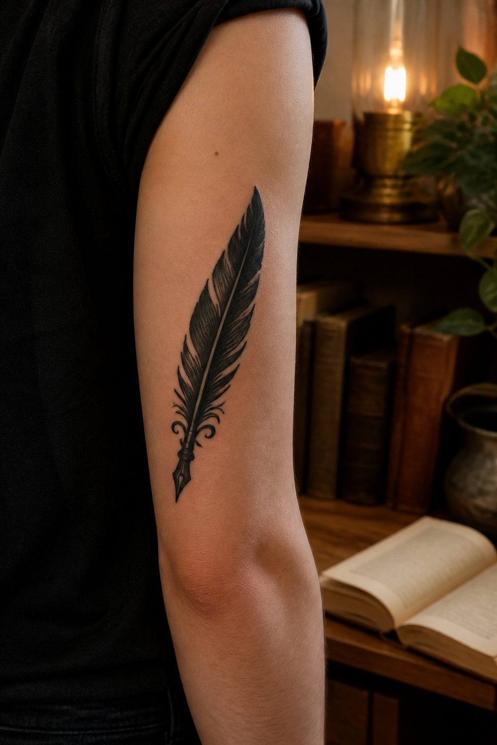 Black quill tattoo displayed on an upper arm.