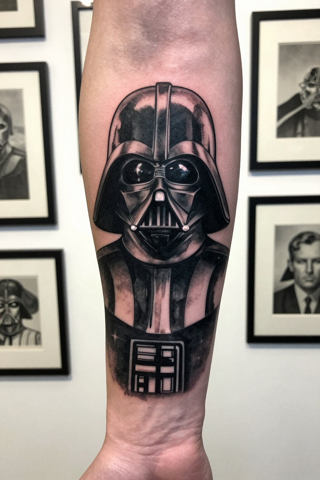 Black and white tattoo of Darth Vader's helmet on forearm.