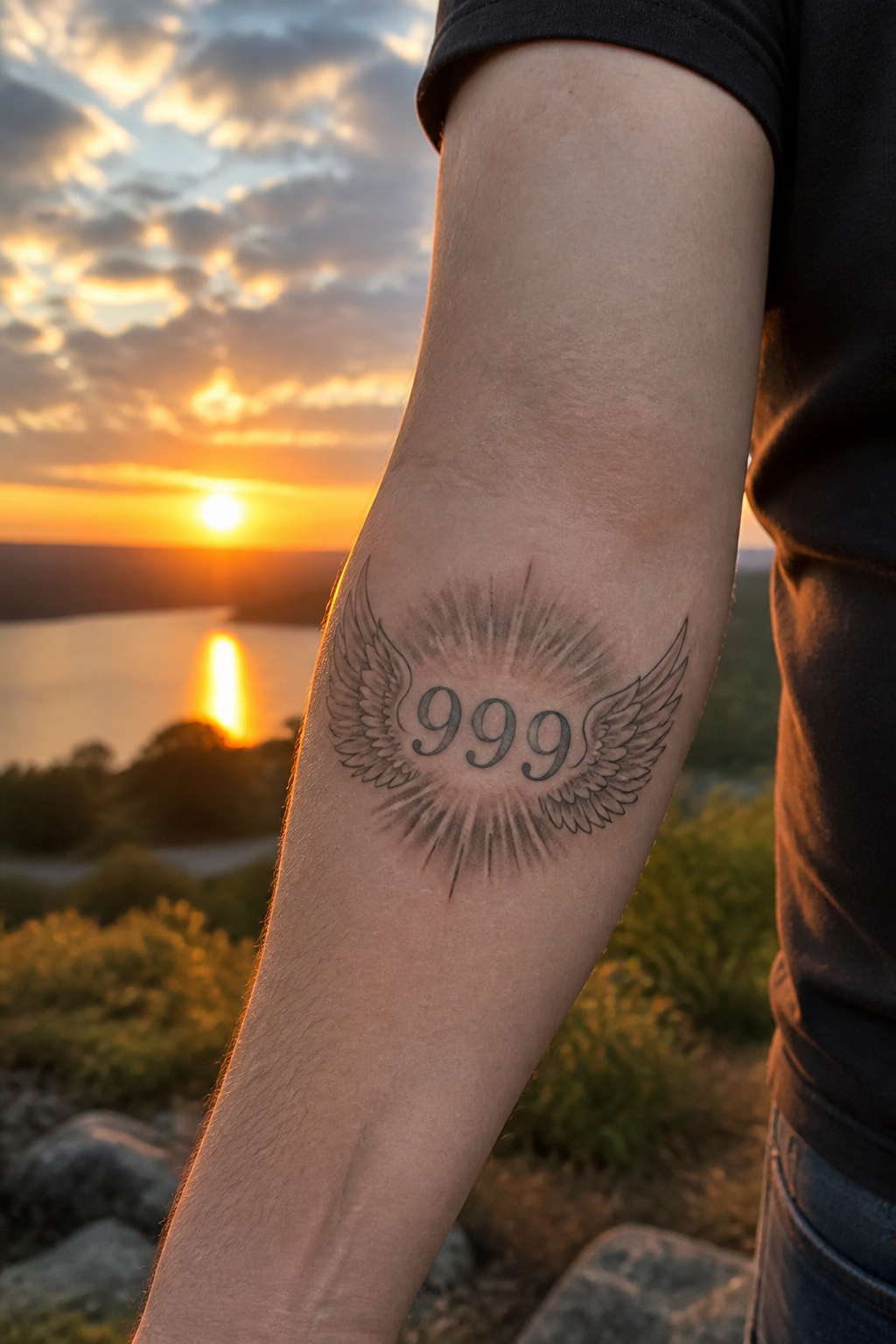 A 999 tattoo surrounded by angelic designs like wings and halos.