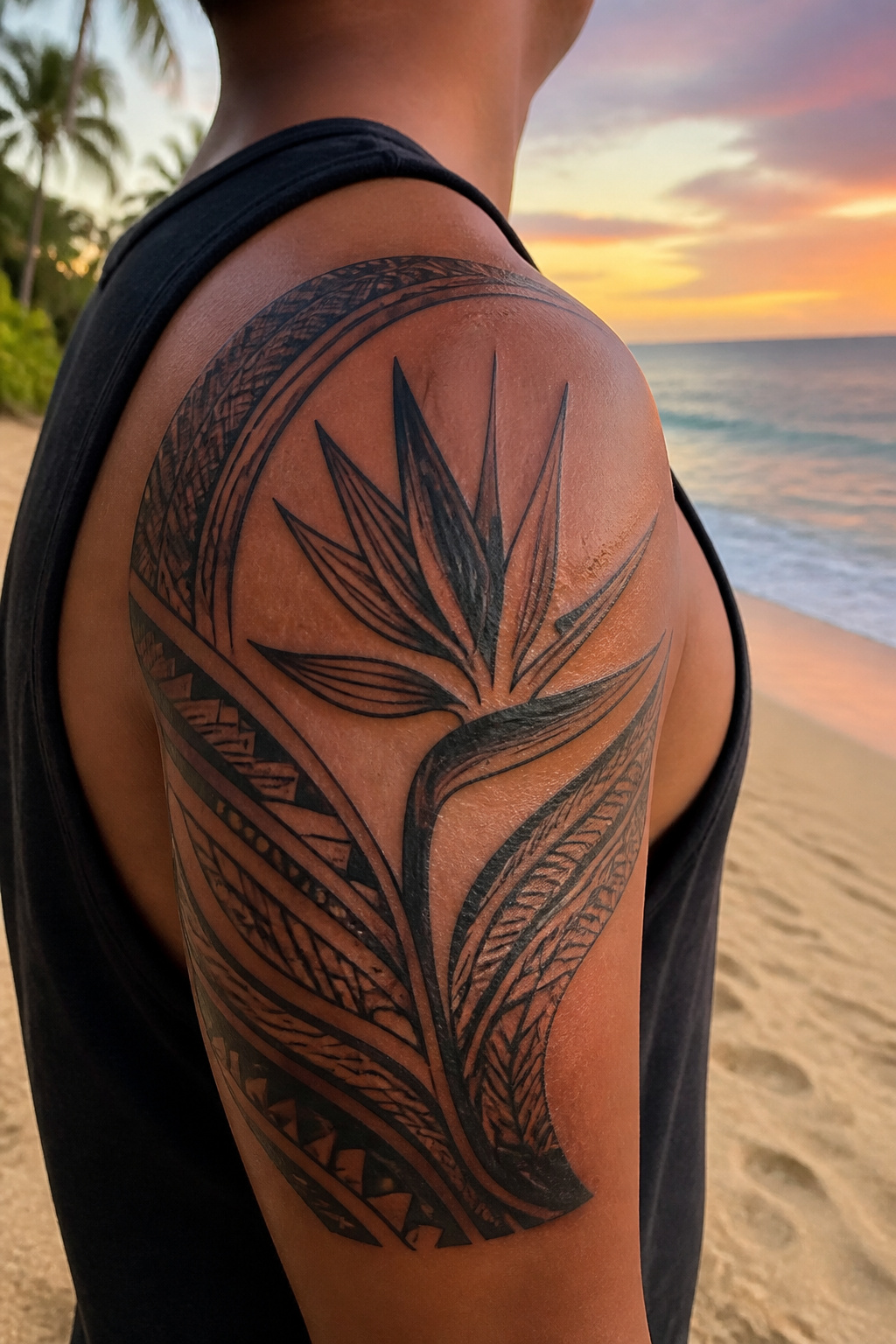 Bird of Paradise Tattoo: Meaning, Styles and Placement 6 Bold tribal tattoo of a bird of paradise on a shoulder.