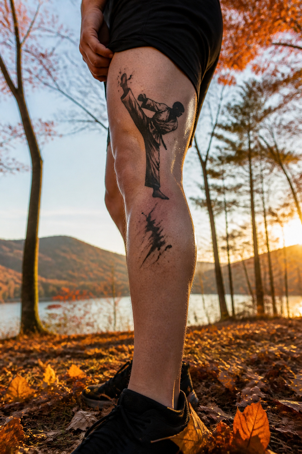 Martial Arts Tattoo Ideas: Karate Symbols, Black Belts and Personal Meaning 6 Silhouette of a karate practitioner in mid-kick position.