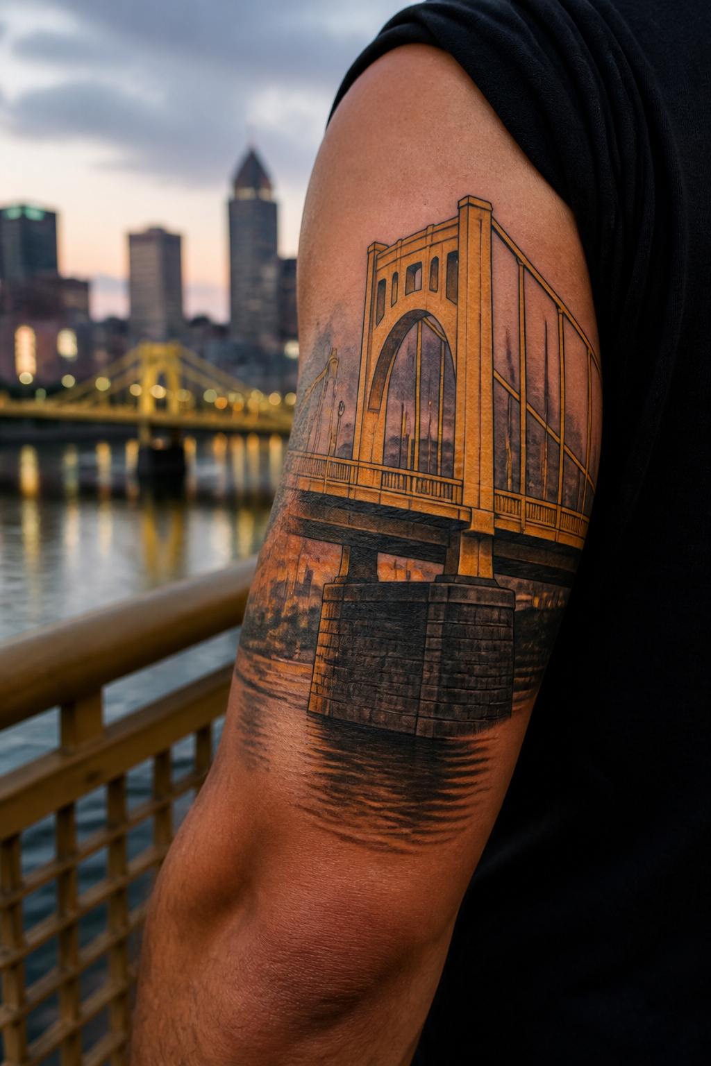 Roberto Clemente Bridge tattoo inked on a model's upper arm.