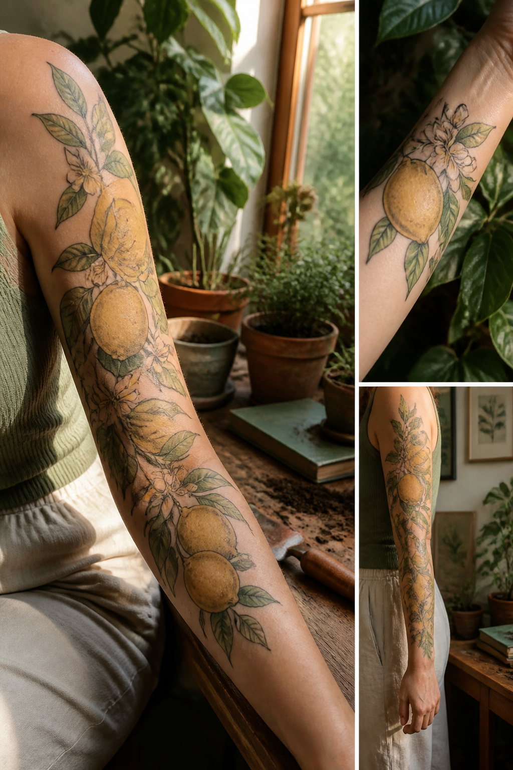 Lemon Tattoo Designs, Meanings, Styles & 2026 Placement Guide 6 A tattoo of a lemon with leaves and flowers, illustrating a botanical theme.
