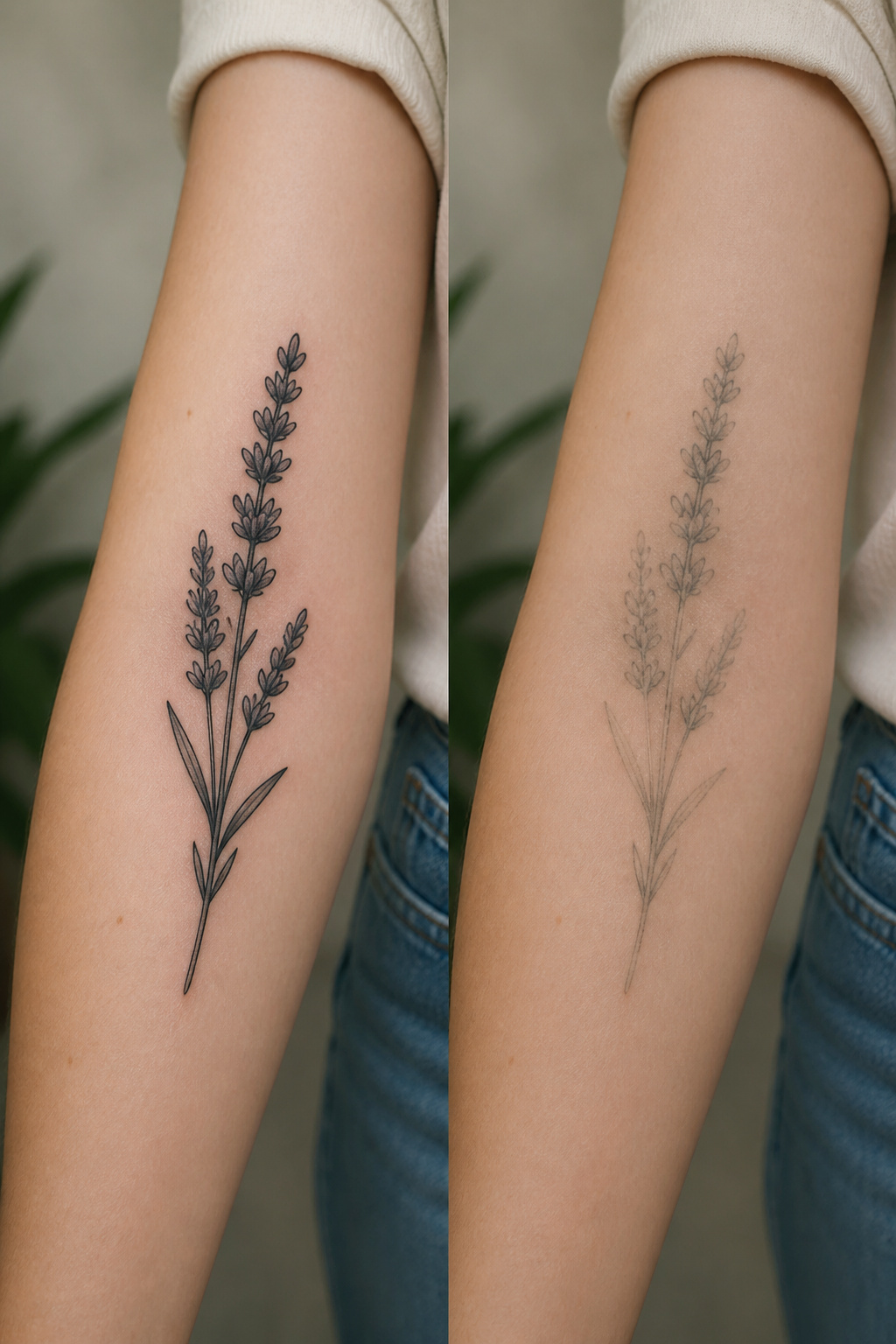 A black and gray lavender flower tattoo.