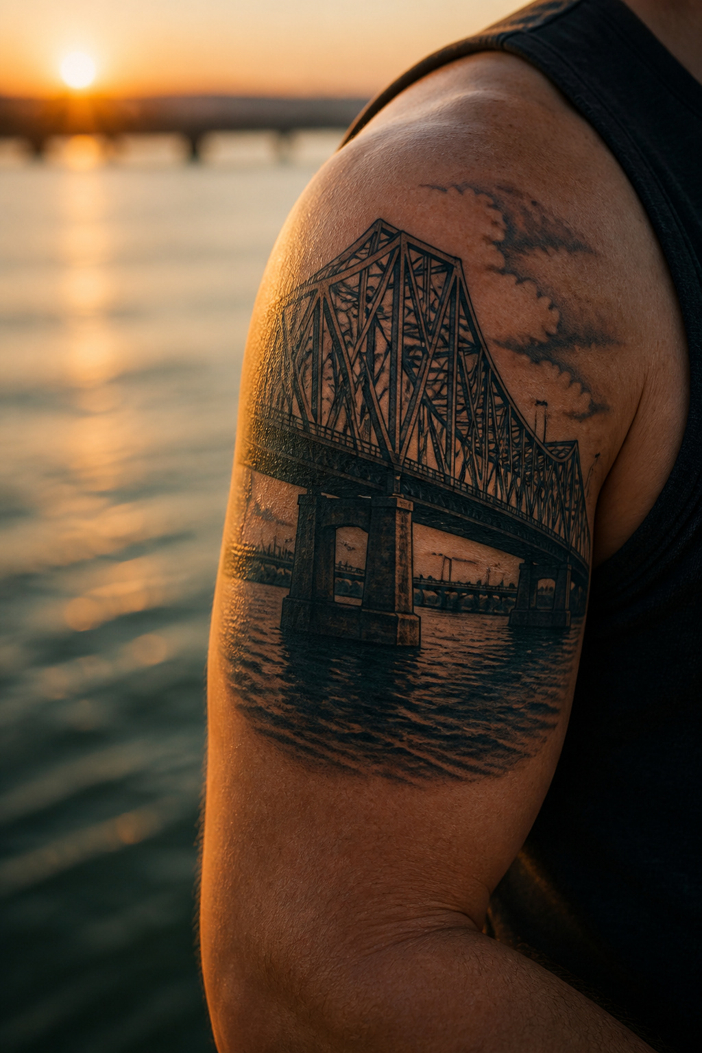 Tattoo of a Memphis bridge crossing the Mississippi River on a person's skin.