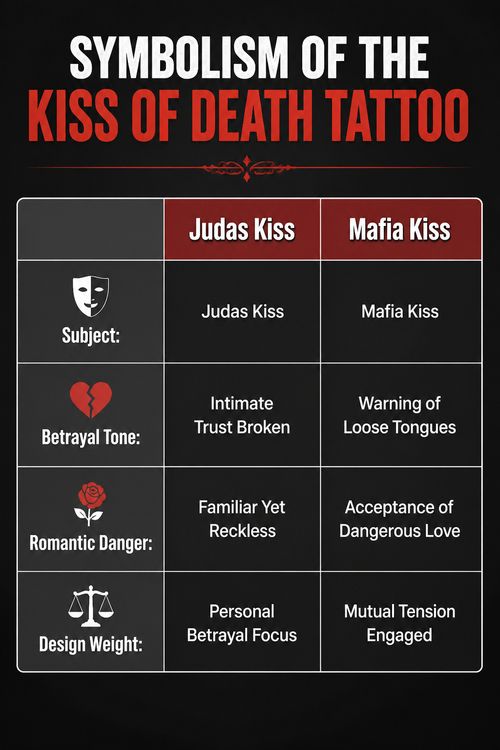 Kiss of Death Tattoo: Meanings, History & Design Ideas 7 An infographic showing various interpretations of the kiss of death tattoo.