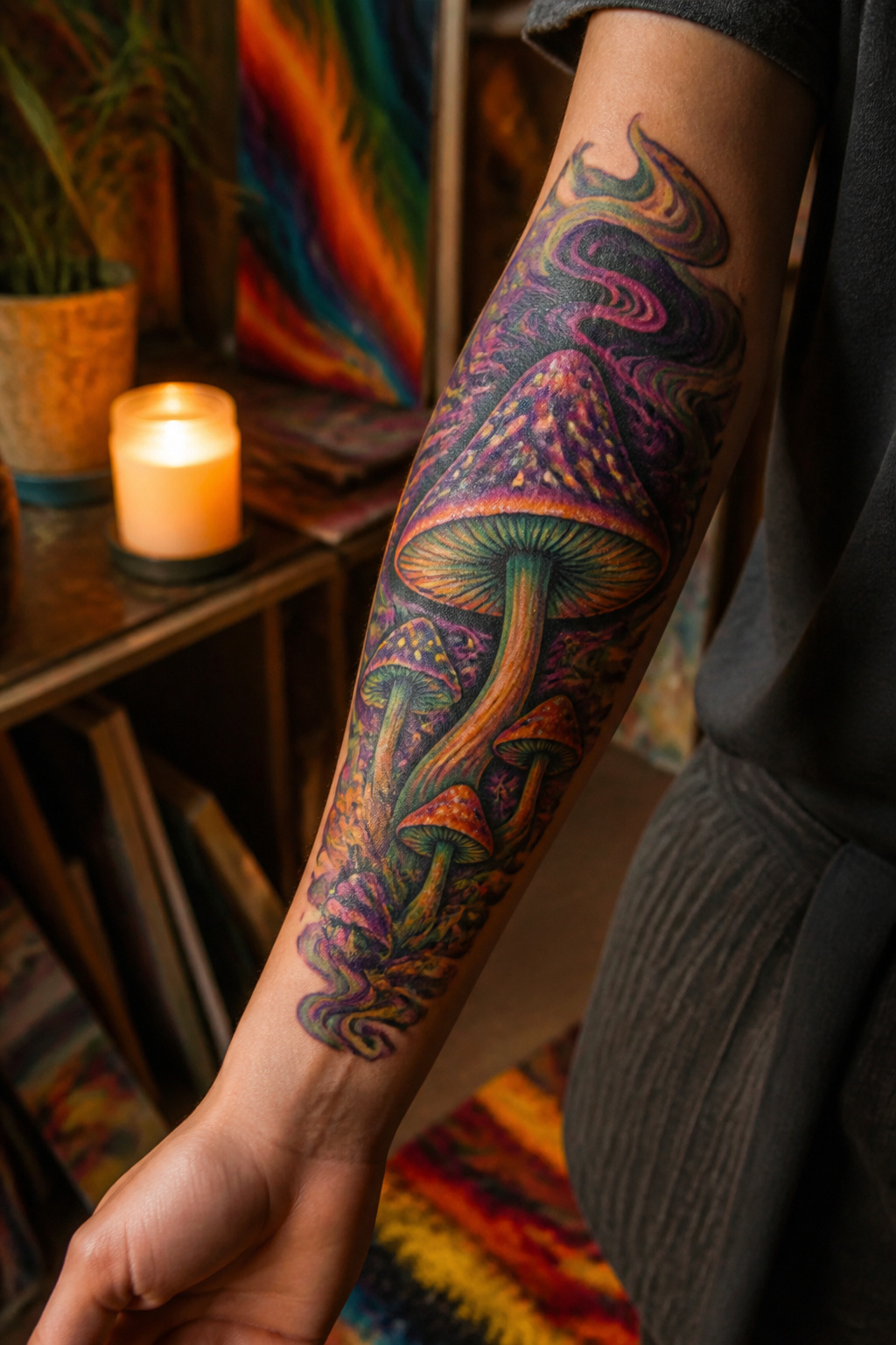 Psychedelic mushroom tattoo with bright colors and swirling patterns.