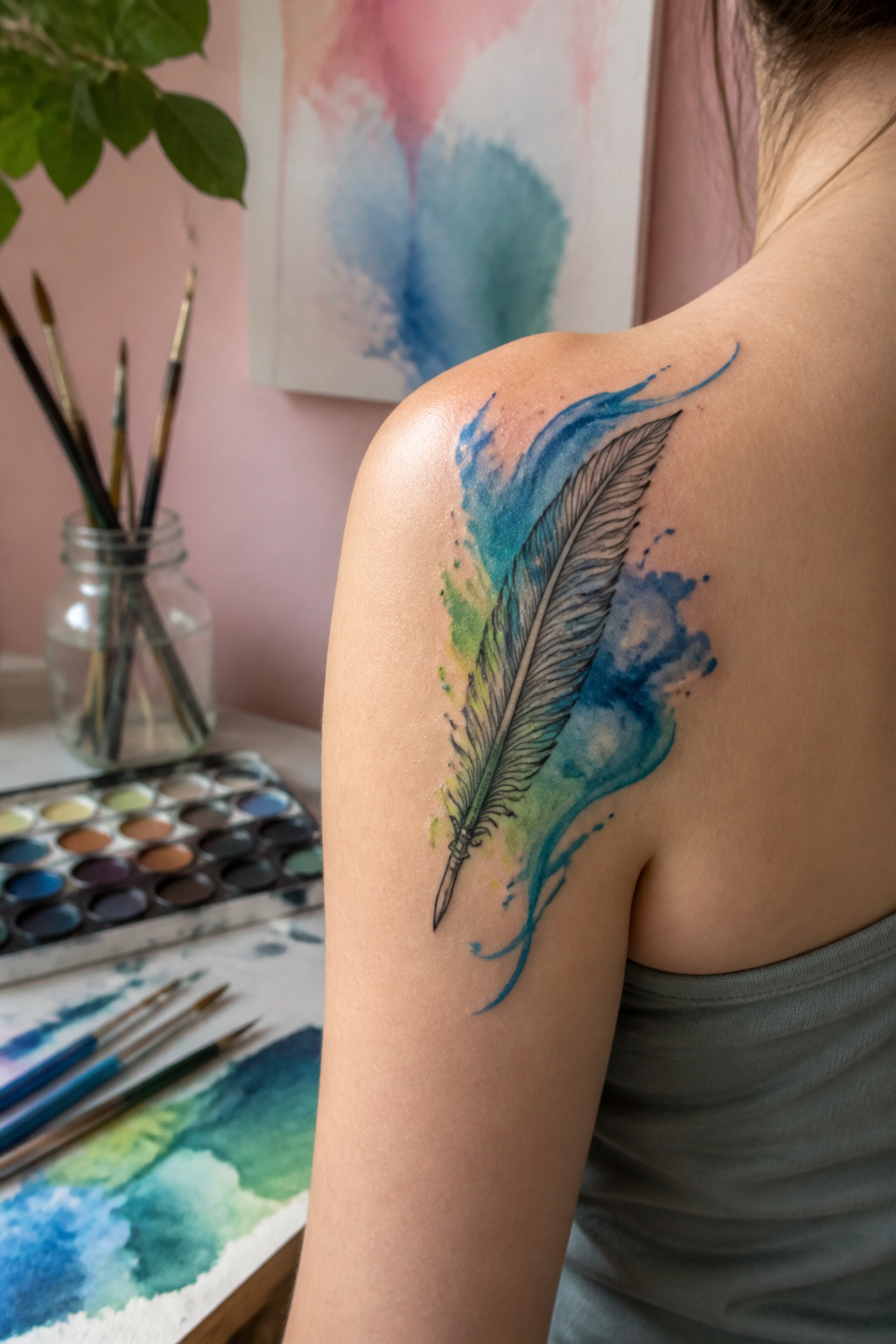 Watercolor quill tattoo with colorful swirls on a shoulder.