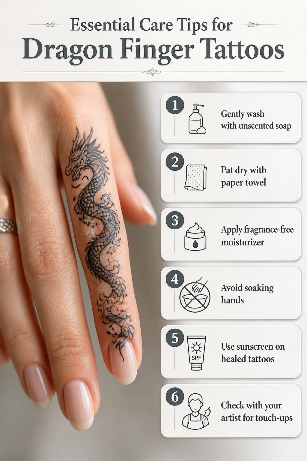 Information image detailing care tips for dragon finger tattoos.