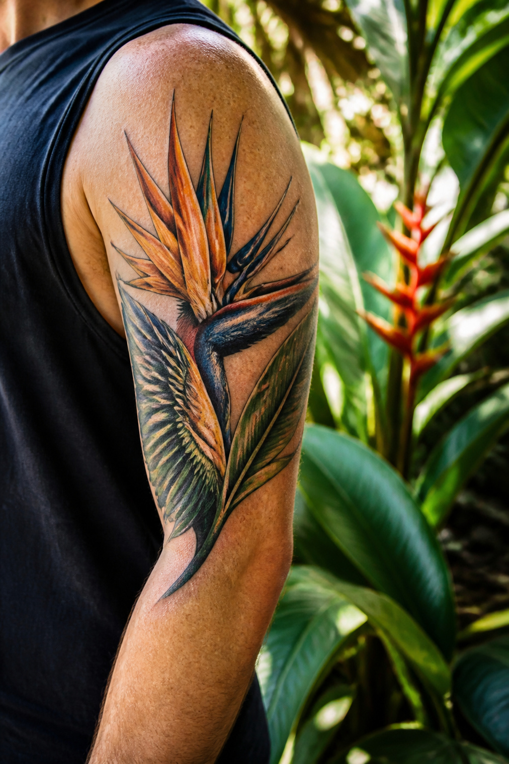 Bird of Paradise Tattoo: Meaning, Styles and Placement 7 Photorealistic bird of paradise tattoo with intricate feather details.