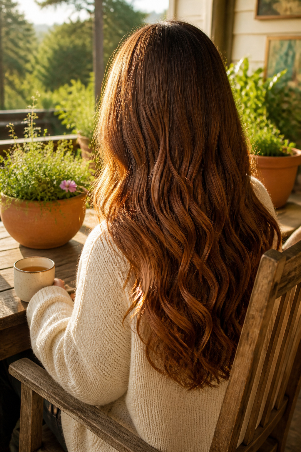 A model with chestnut brown hair glowing under natural light.