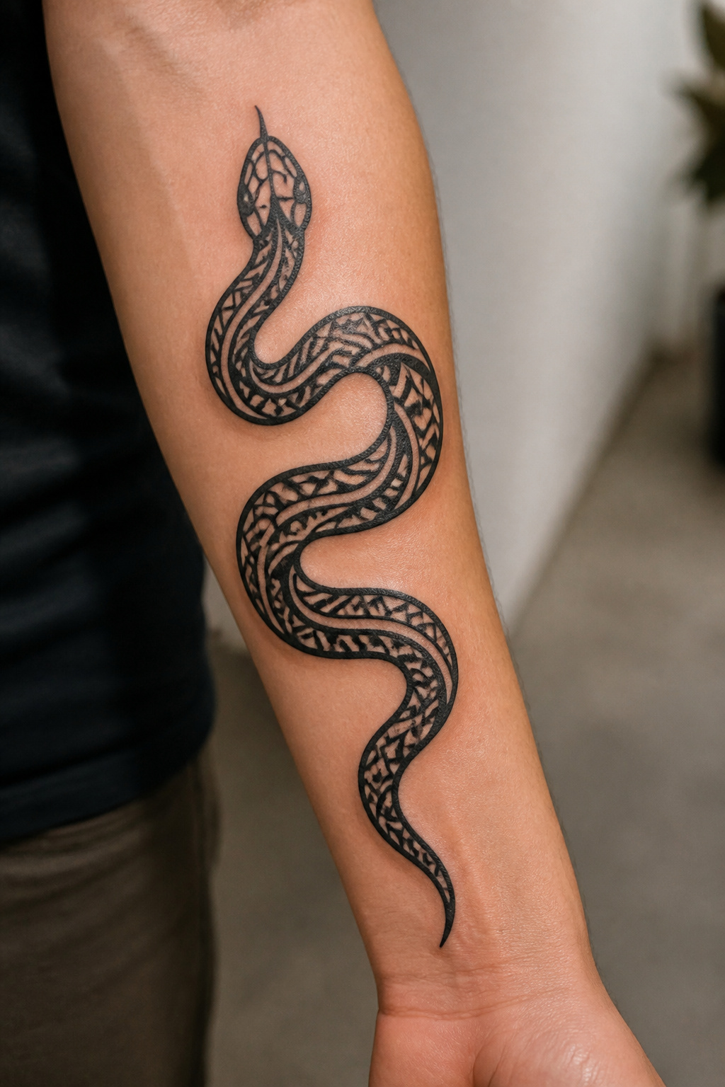 Tribal-style corn snake tattoo.