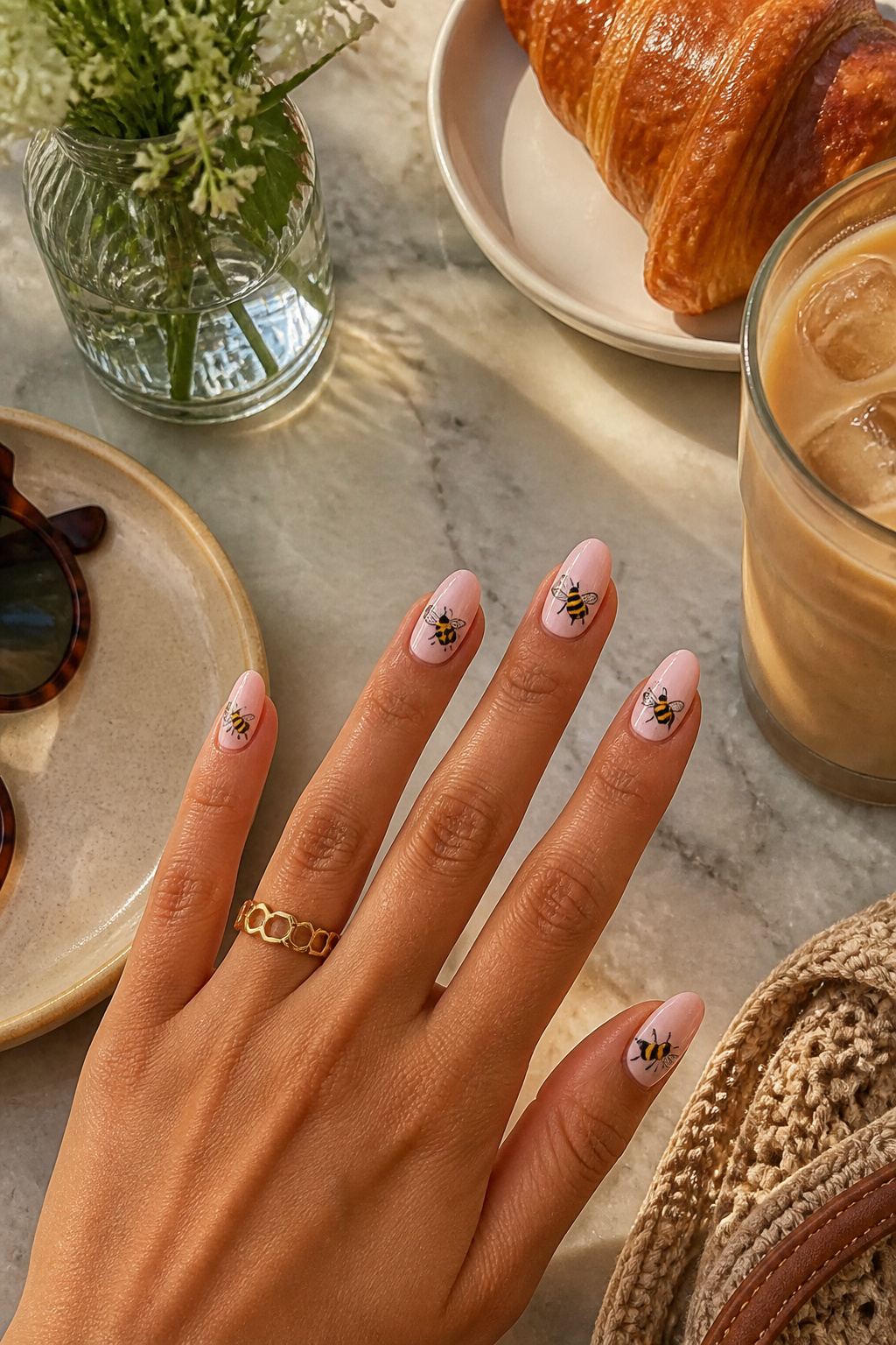 Nails adorned with several bees in different sizes and positions.