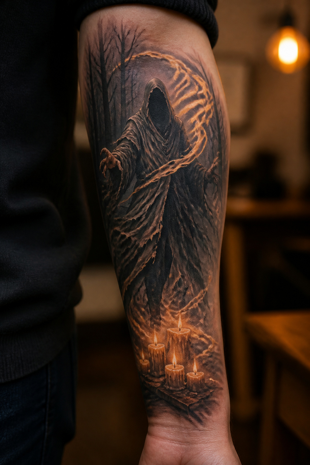 Tattoo showing 'Mischief Managed' with a Dementor.