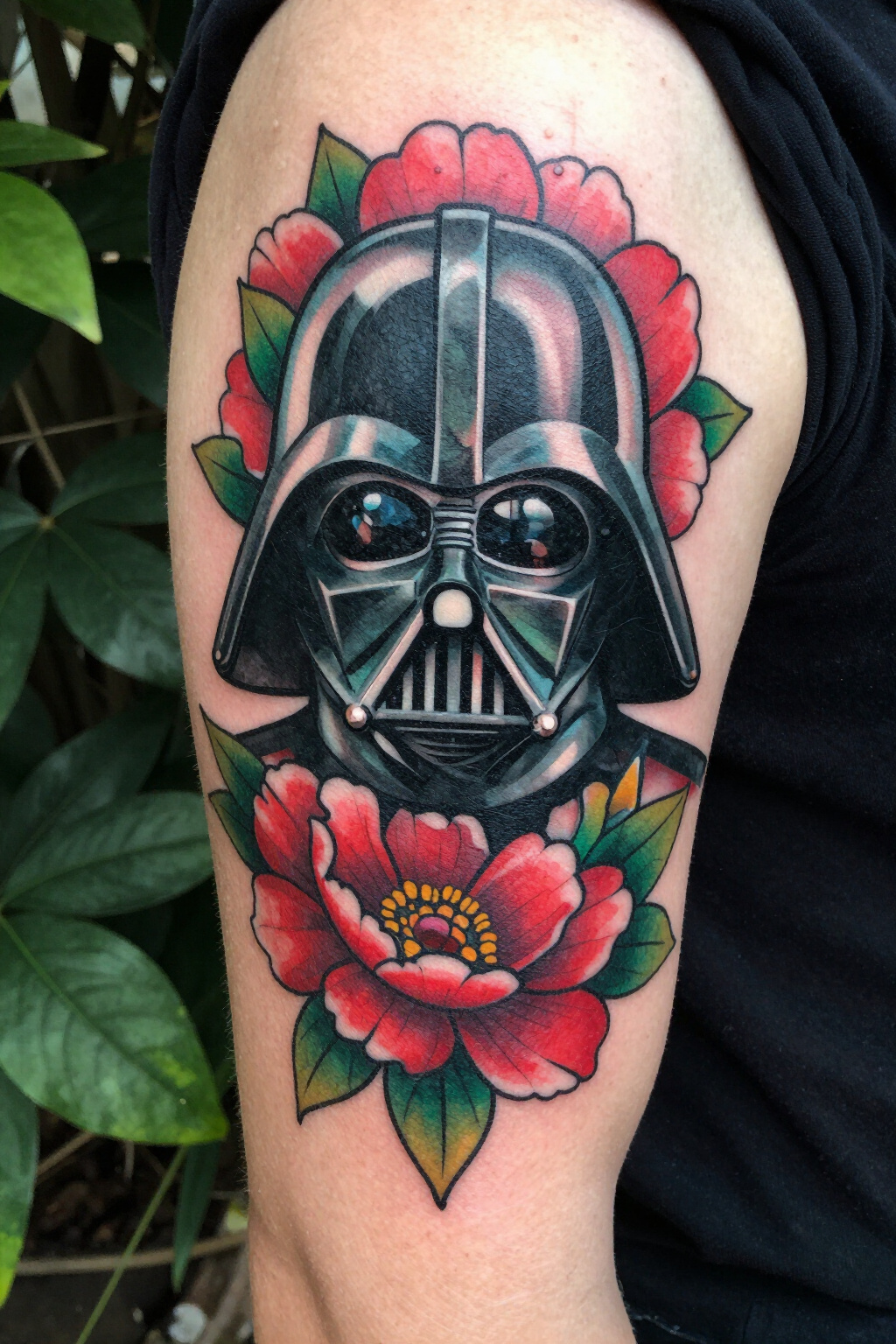 Darth Vader tattoo combined with flowers.
