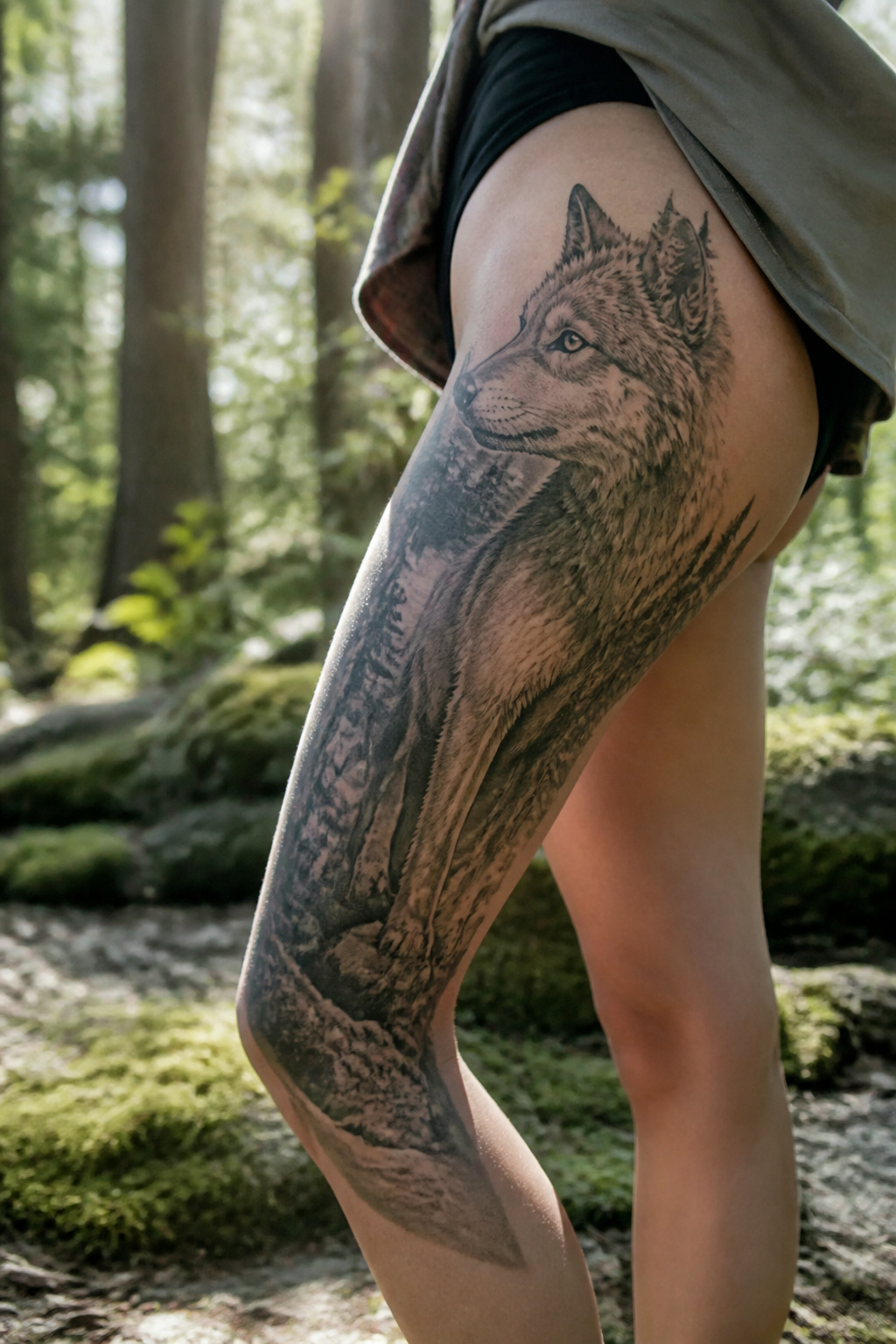 9 Above Knee Tattoo Styles for 2026: From Butterflies to Tribal 7 Wolf tattoo with detailed fur on a model's thigh.