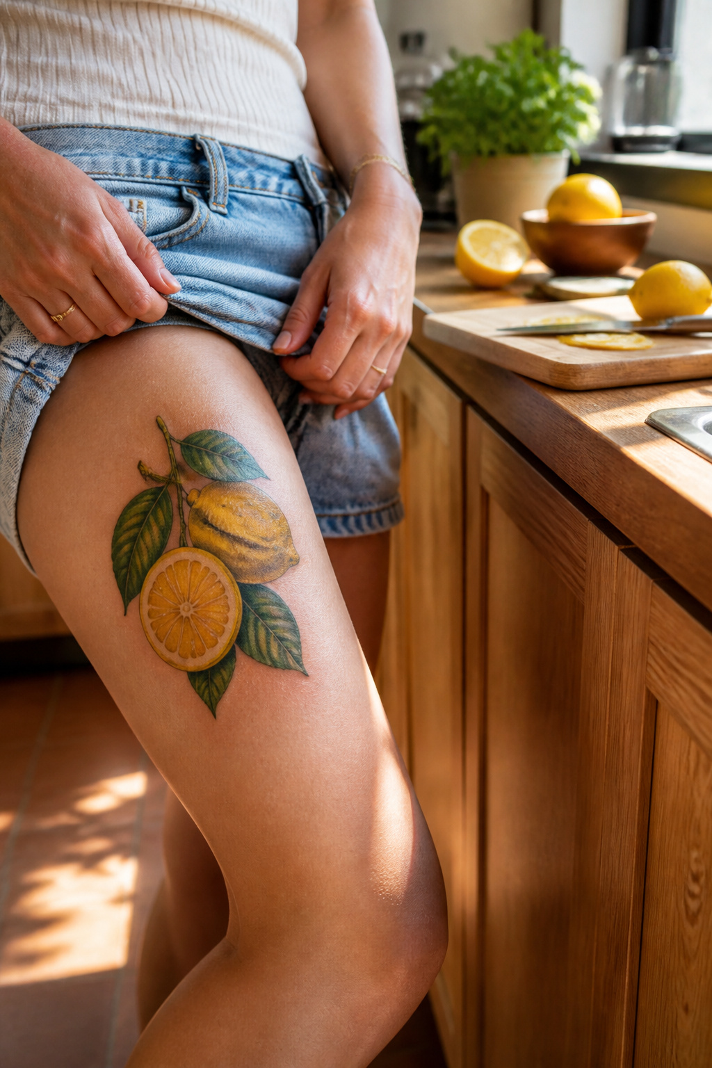 Lemon Tattoo Designs, Meanings, Styles & 2026 Placement Guide 7 A highly detailed realistic lemon tattoo on the upper thigh.