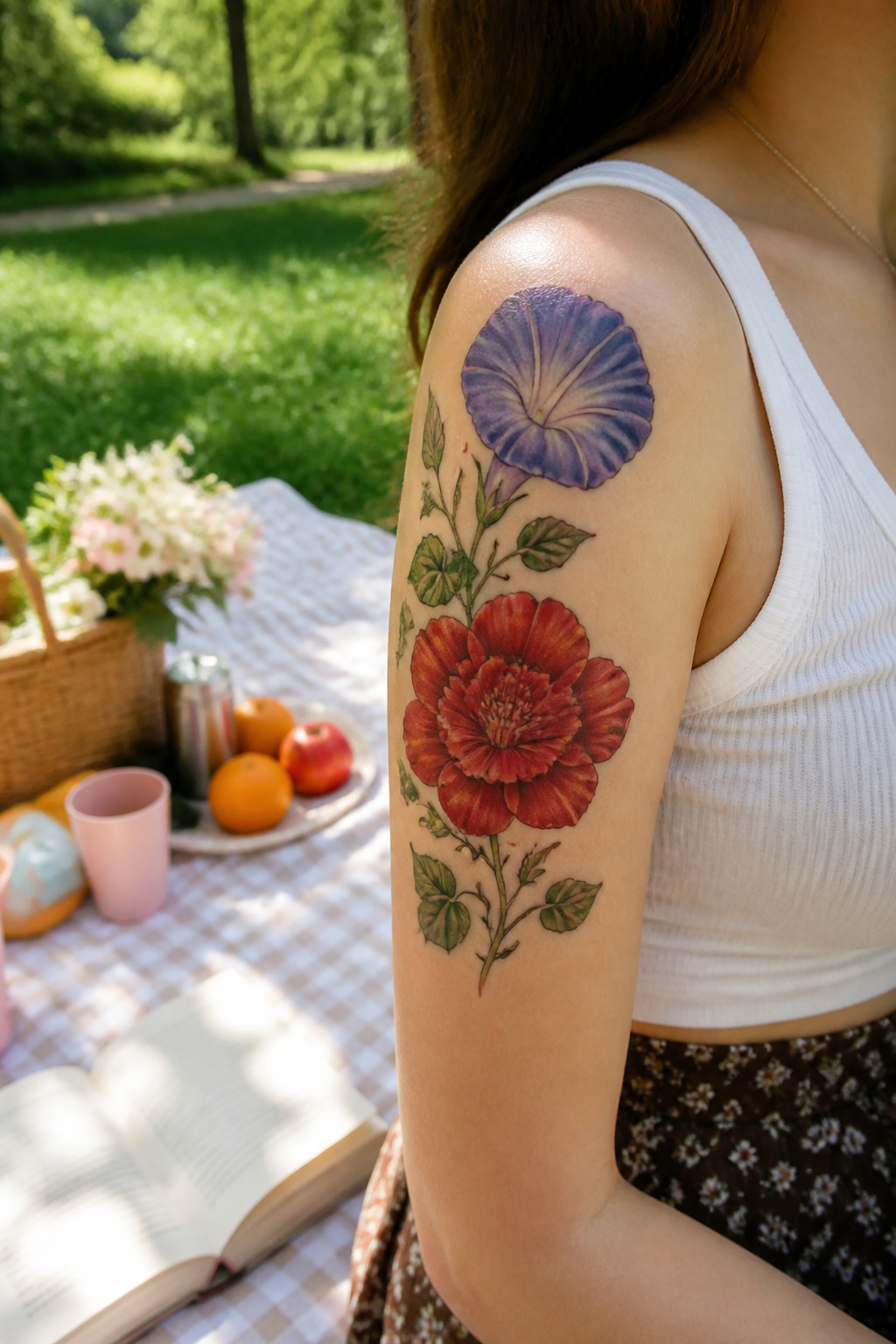 25 Morning Glory Tattoo Ideas for 2026 7 Tattoo of morning glory and red carnation on shoulder.