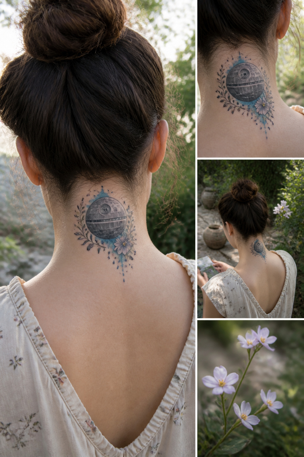 Watercolor Death Star tattoo with a blue wash and floral elements.