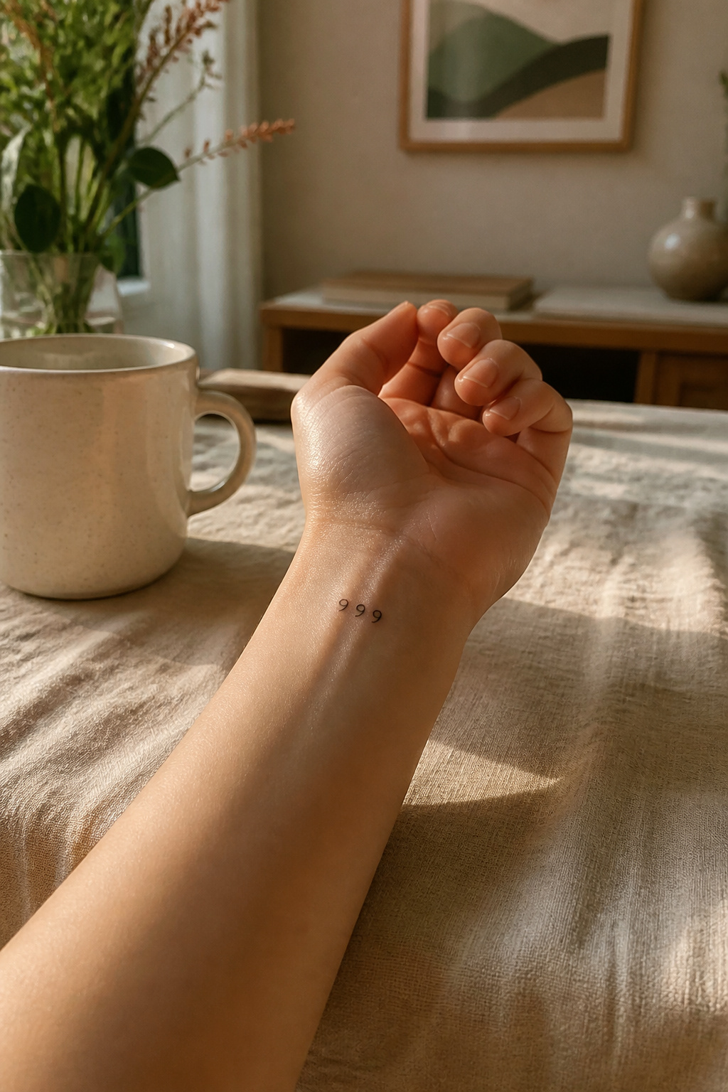 A minimalist 999 tattoo inked on a person's inner wrist.