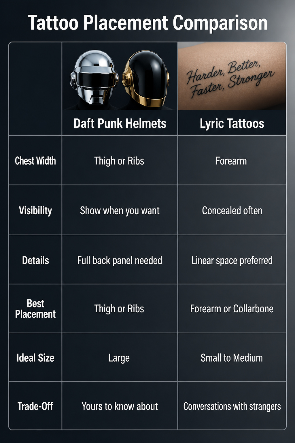 Diagram comparing tattoo placements for Daft Punk designs.
