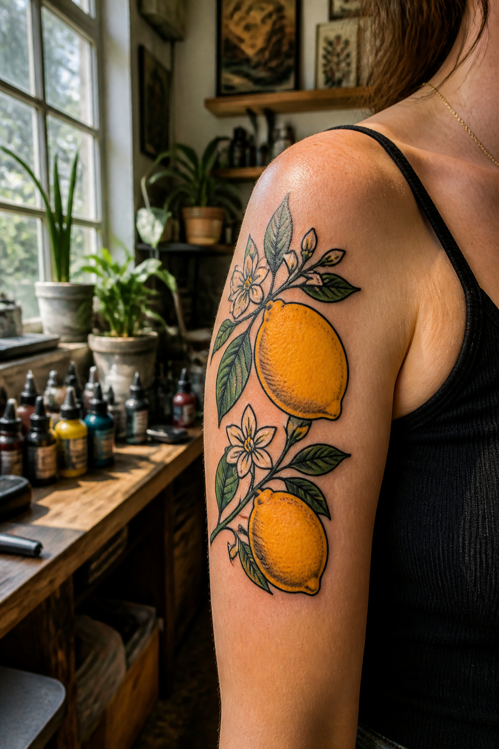 Lemon Tattoo Designs, Meanings, Styles & 2026 Placement Guide 8 A neo-traditional lemon tattoo featuring thick black lines and vibrant colors.