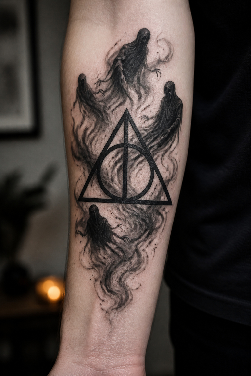 Tattoo design of the Deathly Hallows with Dementors around it.