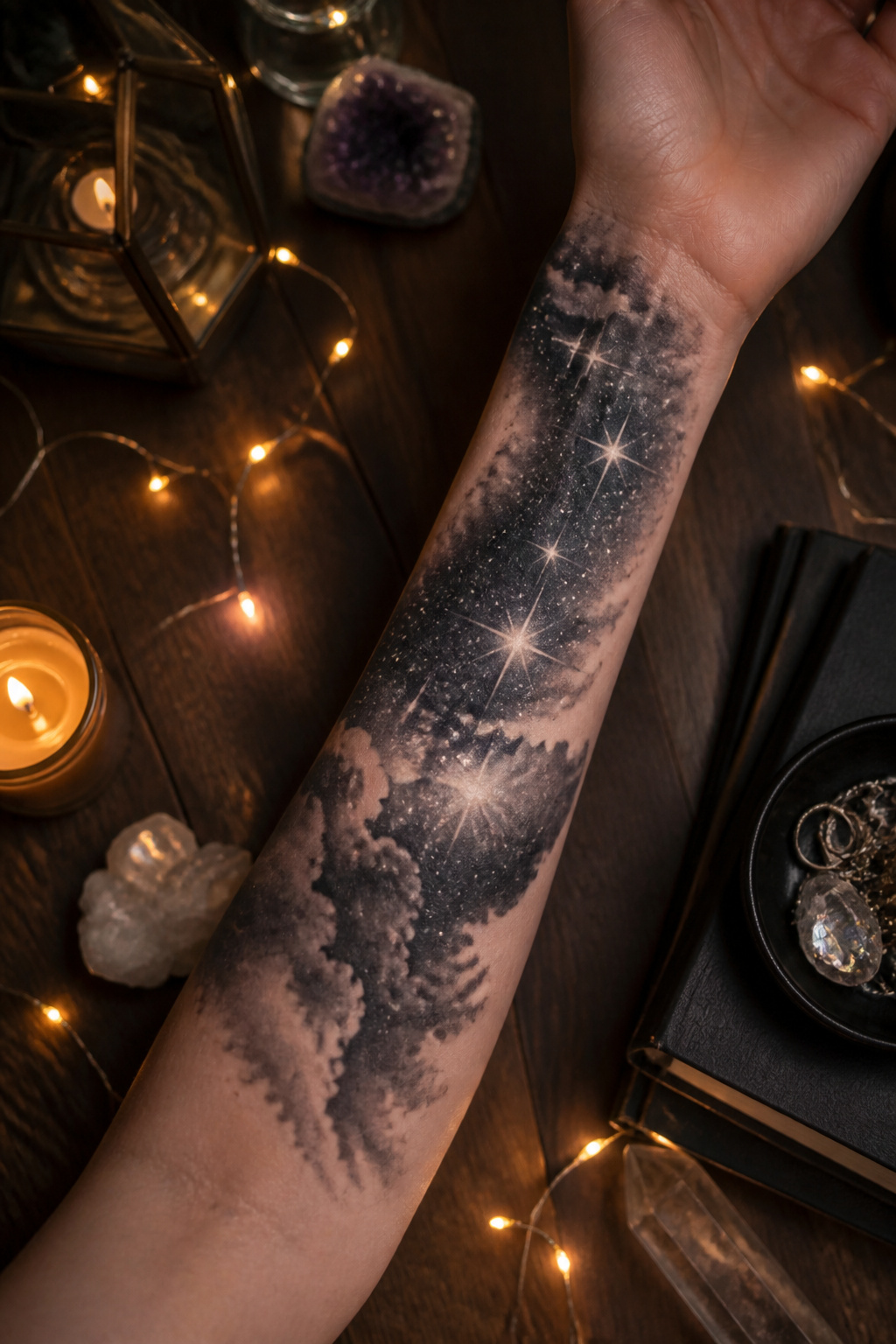40 Cloud Tattoo Ideas for 2026: Japanese, Storm, Sleeve & More 8 Tattoo of clouds intertwined with stars in a night sky.