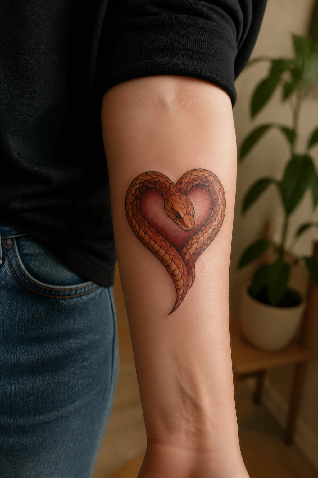 Corn snake forming a heart shape in a tattoo.