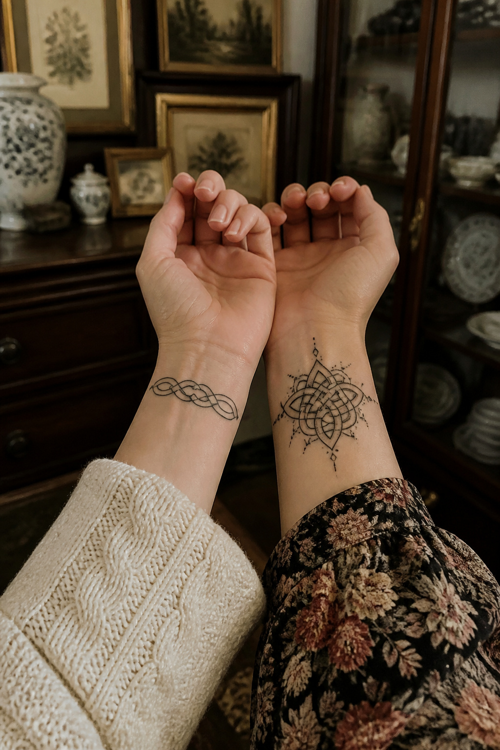 Close-up of two wrists with traditional family symbol tattoos.