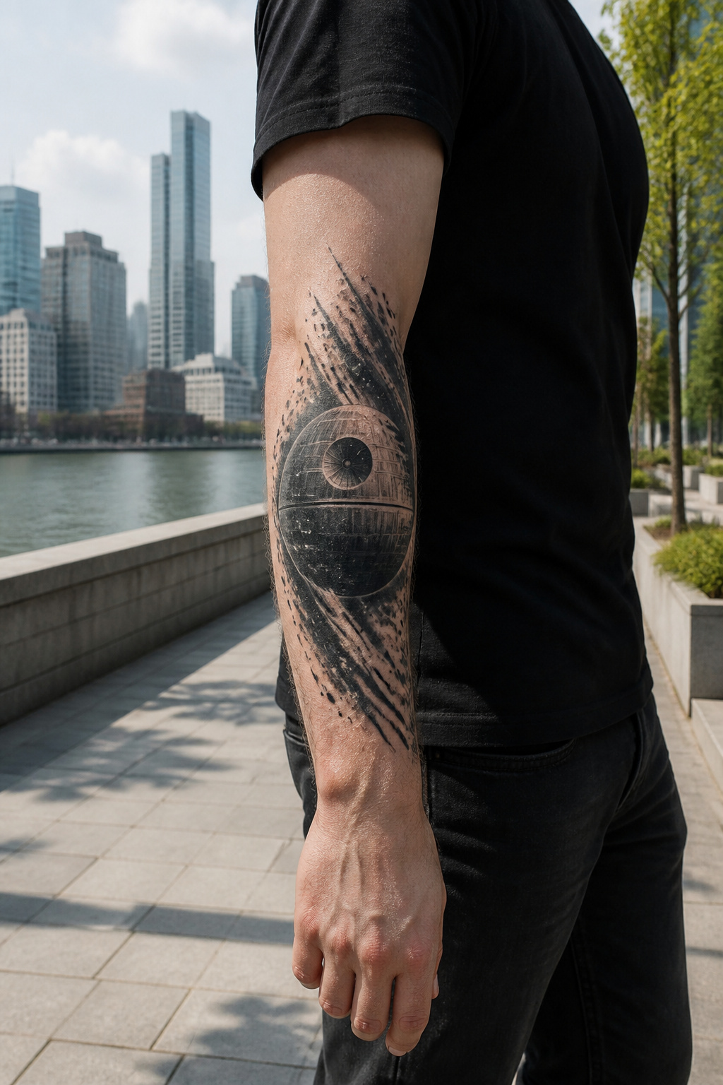 Death Star tattoo displayed on a forearm, showcasing details.