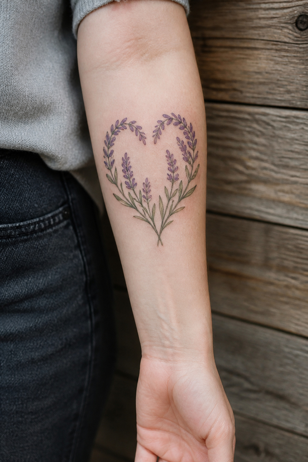 A heart-shaped lavender tattoo on the inner forearm.