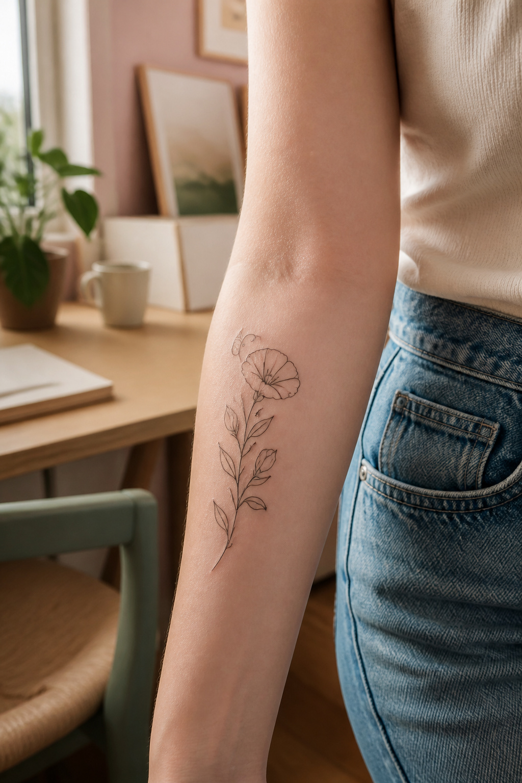 25 Morning Glory Tattoo Ideas for 2026 8 Fine line morning glory tattoo outlined on outer forearm.