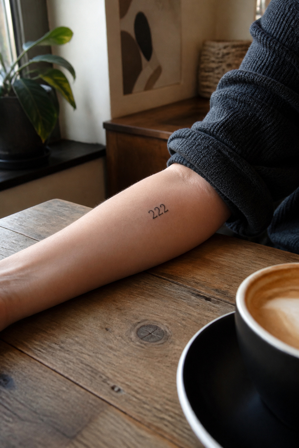 17 222 Tattoo Ideas and Meanings for 2026 8 Close-up of a black '222' tattoo on the inner forearm.