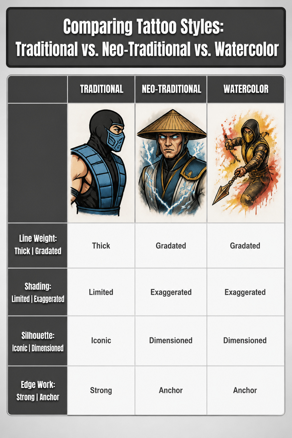 Mortal Kombat Tattoo: Fighter Art, Fatalities, Logo and Custom Ink 8 A graphic comparing traditional, neo-traditional, and watercolor tattoo styles.