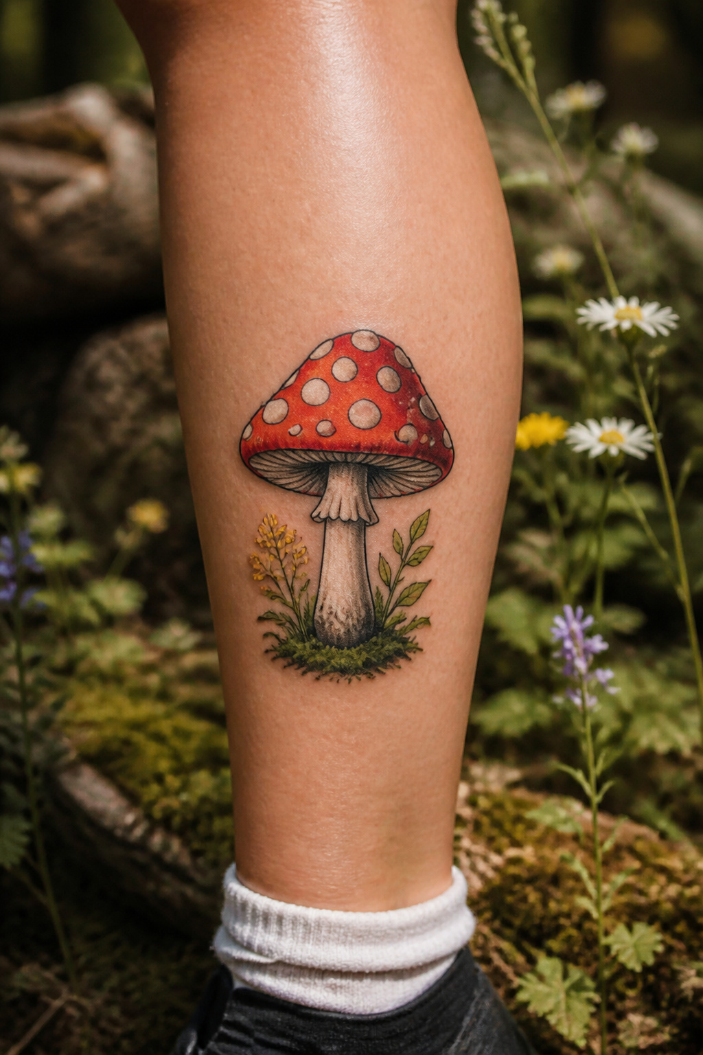 Magic mushroom tattoo with a classic red cap and white spots.