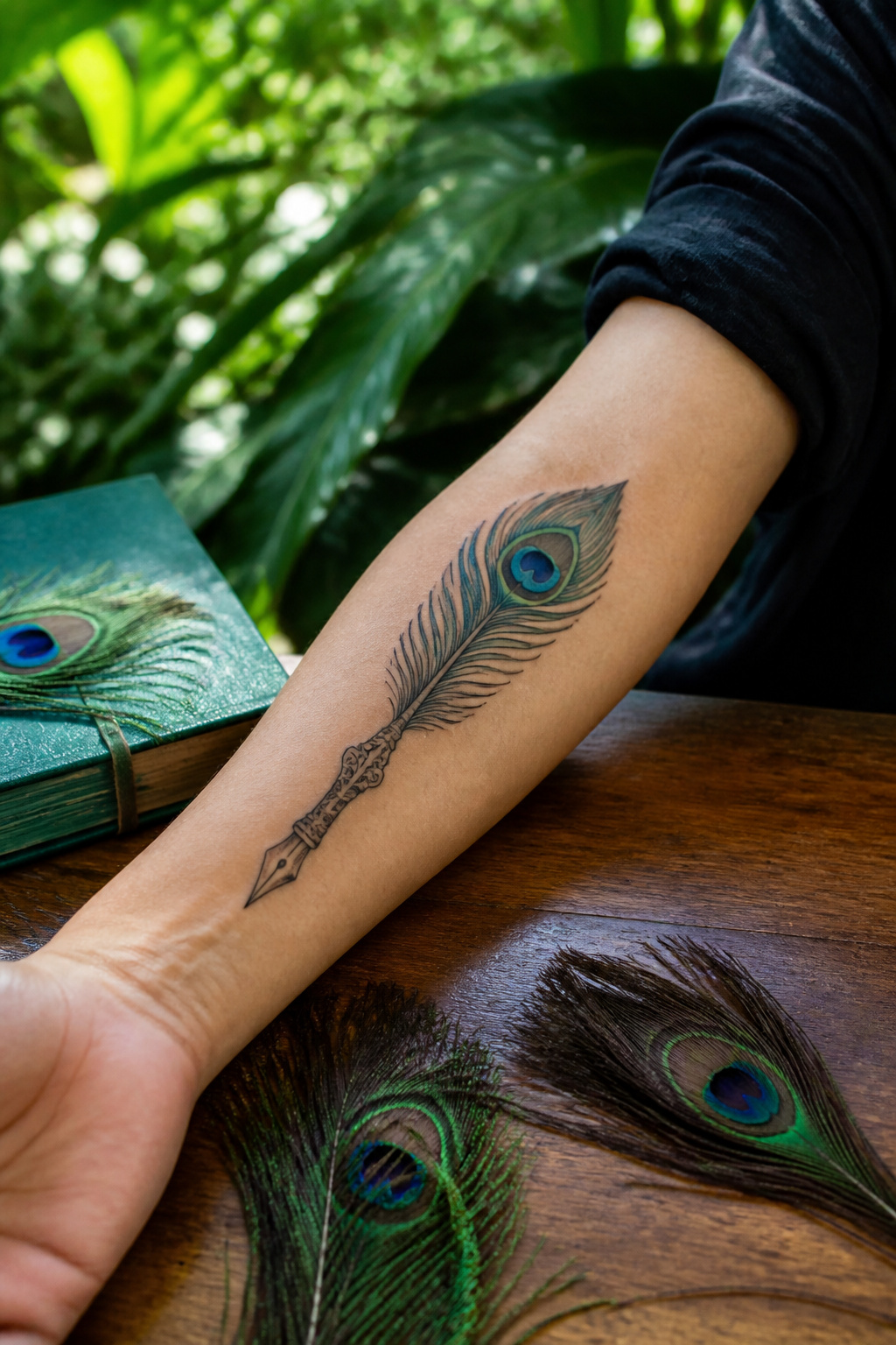 Peacock quill tattoo showcasing blue and green colors on a forearm.