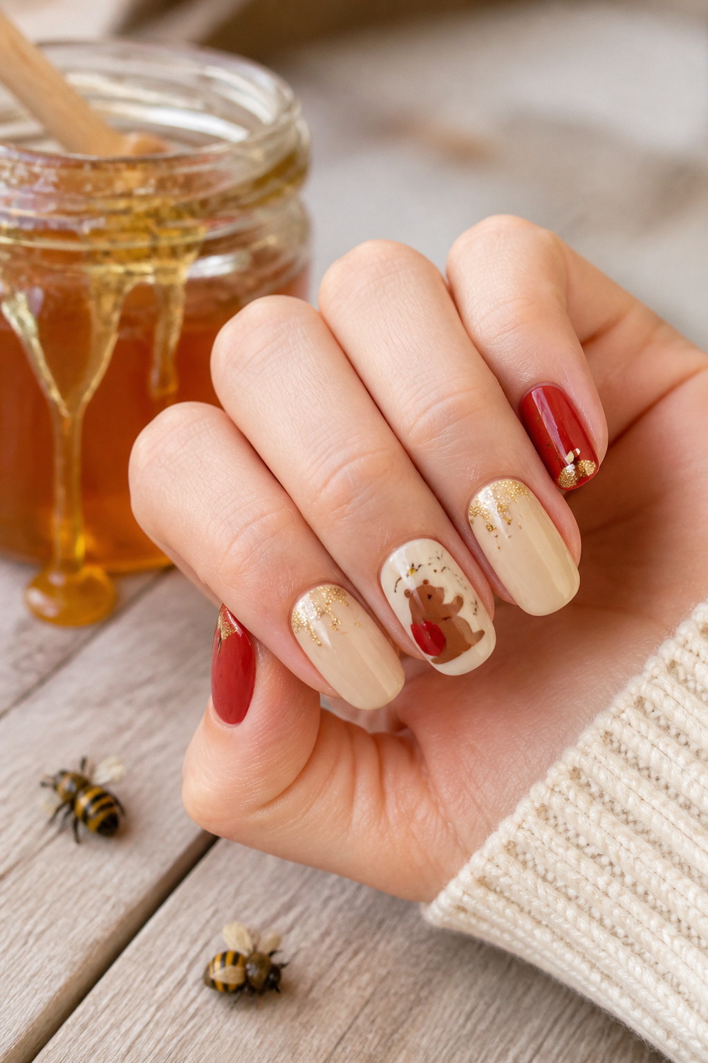 Nails featuring Winnie-the-Pooh silhouettes and honey pots among floral designs.