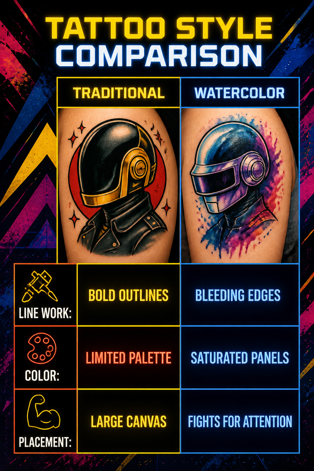 Comparison of tattoo styles inspired by Daft Punk's music.