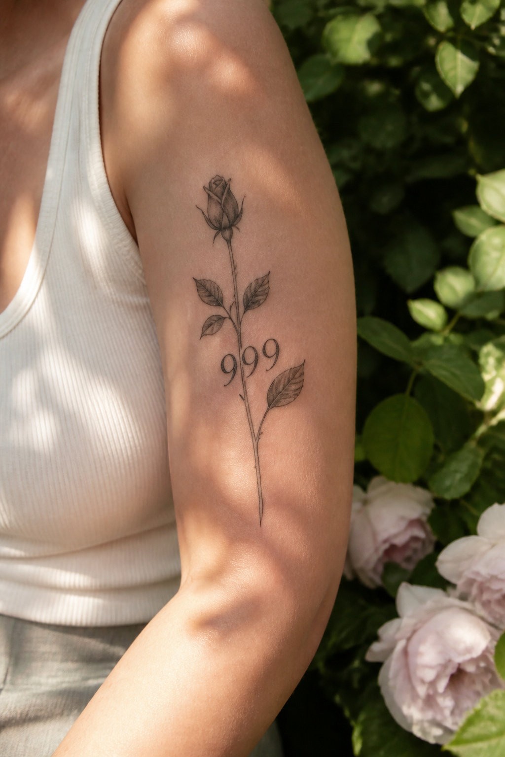 A 999 tattoo combined with a closed rosebud on an upper arm.