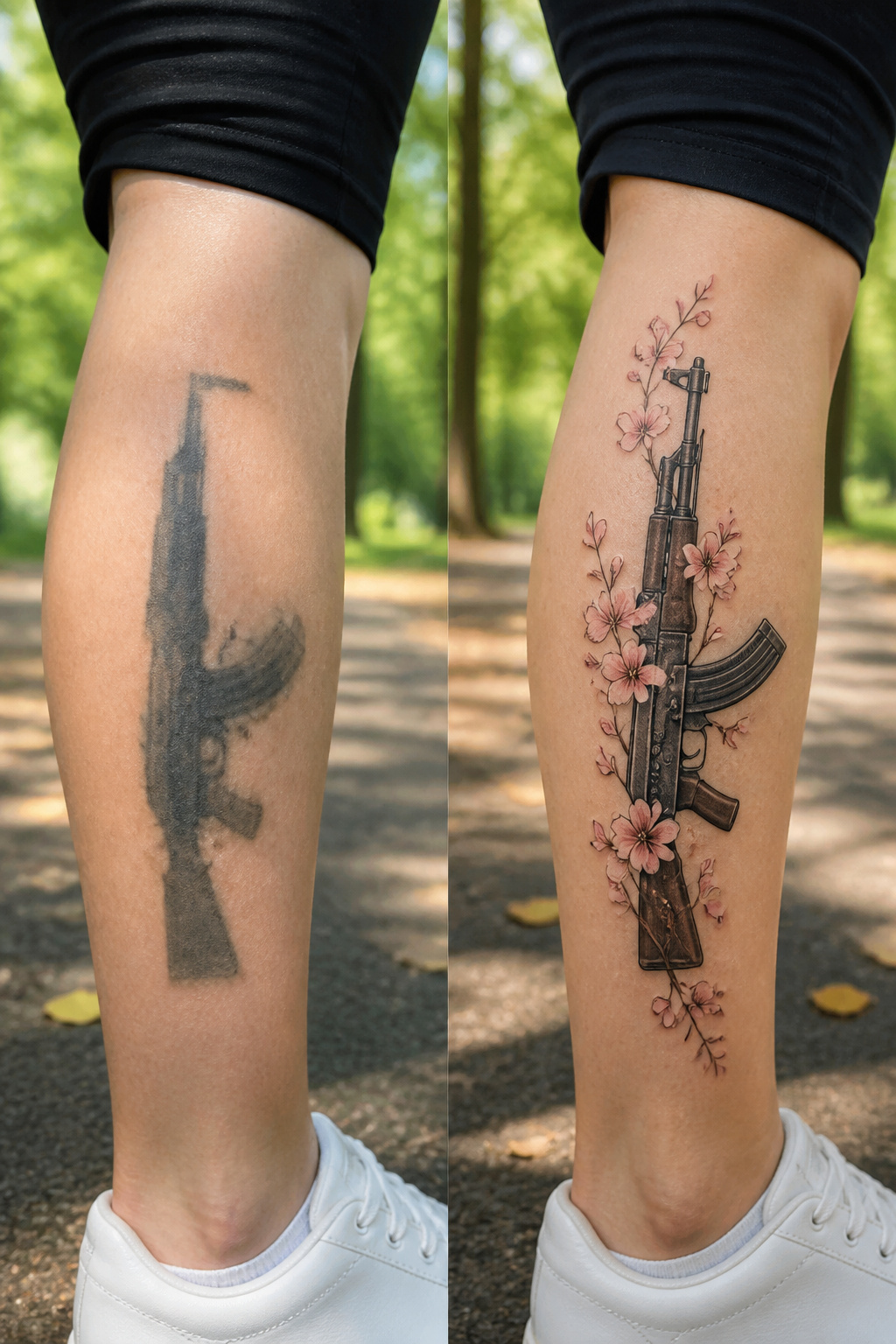 AK-47 tattoo adorned with flowers.