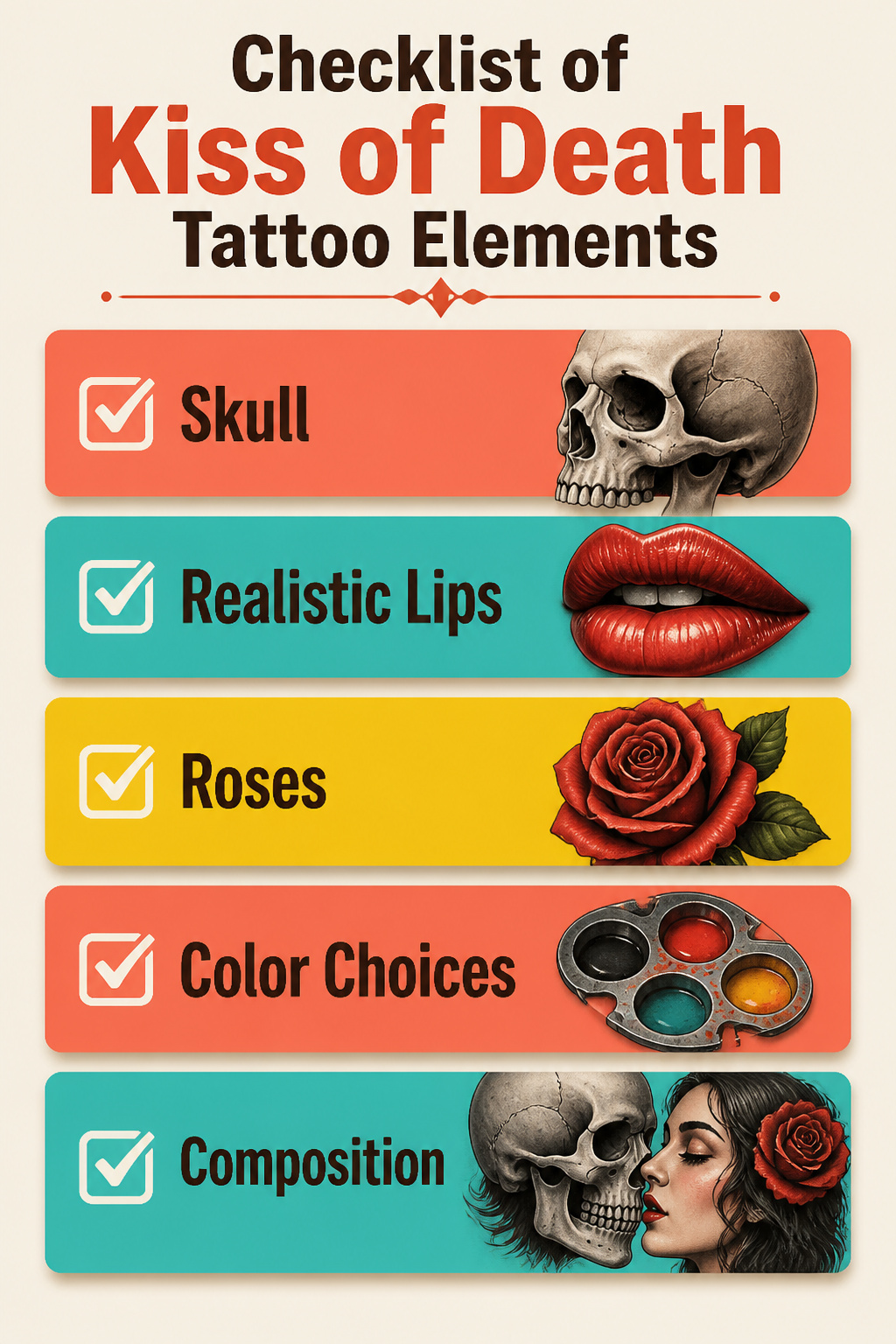 Kiss of Death Tattoo: Meanings, History & Design Ideas 8 An infographic checklist of design elements for kiss of death tattoos.