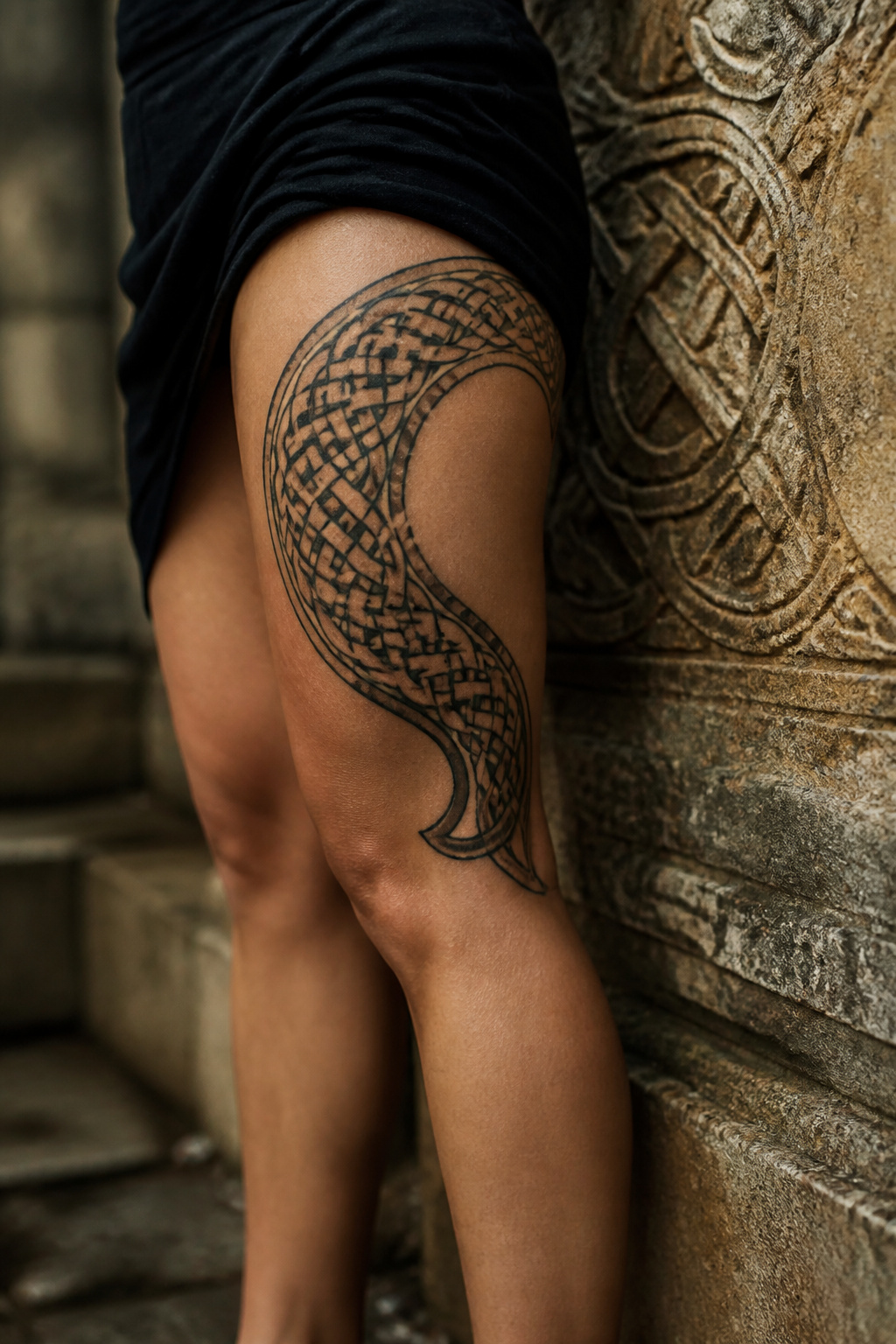 9 Above Knee Tattoo Styles for 2026: From Butterflies to Tribal 8 Celtic knotwork tattoo in dark ink on a model's thigh.